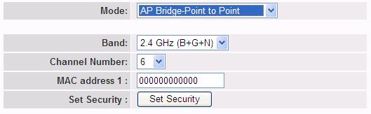 Mode Band Channel Number MAC address Set Security It allows user to set the following mode: AP, Station, Bridge or WDS mode. It allows user to set the AP to be fixed at 802.11b, 802.11g or 802.
