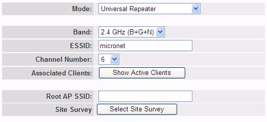 Mode Band ESSID Channel Number Associate Clients Root AP SSID Site Survey It allows user to set the following mode: AP, Station, Bridge or WDS mode. It allows user to set the AP to be fixed at 802.