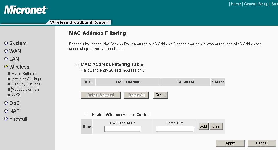 4.2.4.4 Wireless Access Control This wireless router provides MAC Address Control, which prevents the unauthorized MAC addresses from accessing the wireless network.