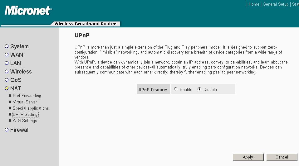 UPnP Feature Users can enable or disable the UPnP feature.