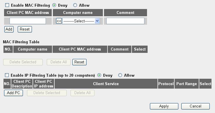 Deny Allow Computer Name Filter client PCs by IP Add PC Remove PC Filter client PC by MAC address Add PC Remove PC If select <Deny> then all PCs will be allowed to access Internet besides the PCs in