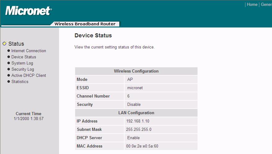 Device Status This page shows the broadband router s current device settings.