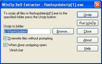 It is recommended that you press the Unzip button to unzip the files to the default location (c:\flashupdate\).