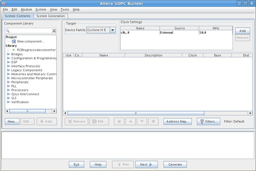 Click OK to reach the window in Figure 6. Figure 5. Create a new nios II system. Figure 6. The System Contents tab window. 3.
