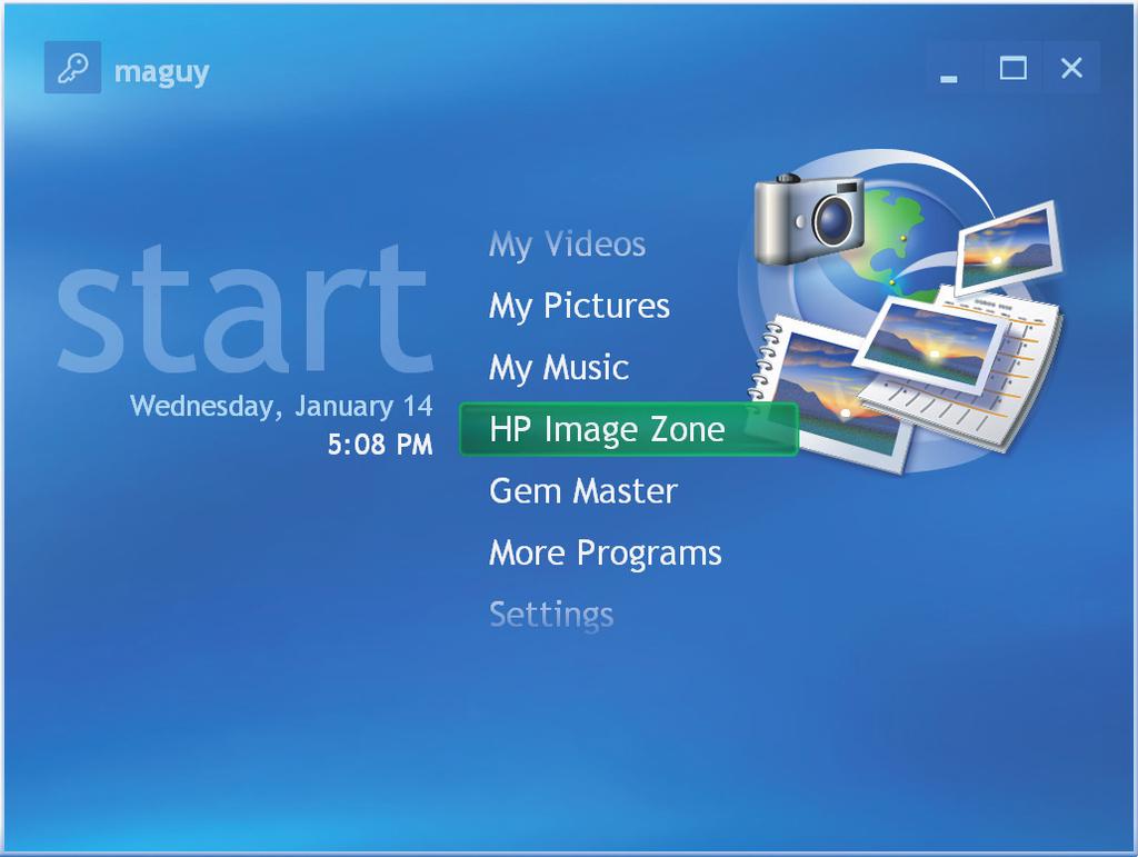 Usig HP Image Zoe Plus i Media Ceter For specific details o usig the HP Image Zoe Plus program, click the Help lik i the cotrol area of the program widow.