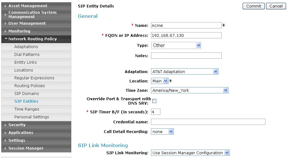 4.6.3. Acme Packet SBC SIP Entity 1. In the SIP Entities page (not shown), click on New. 2.