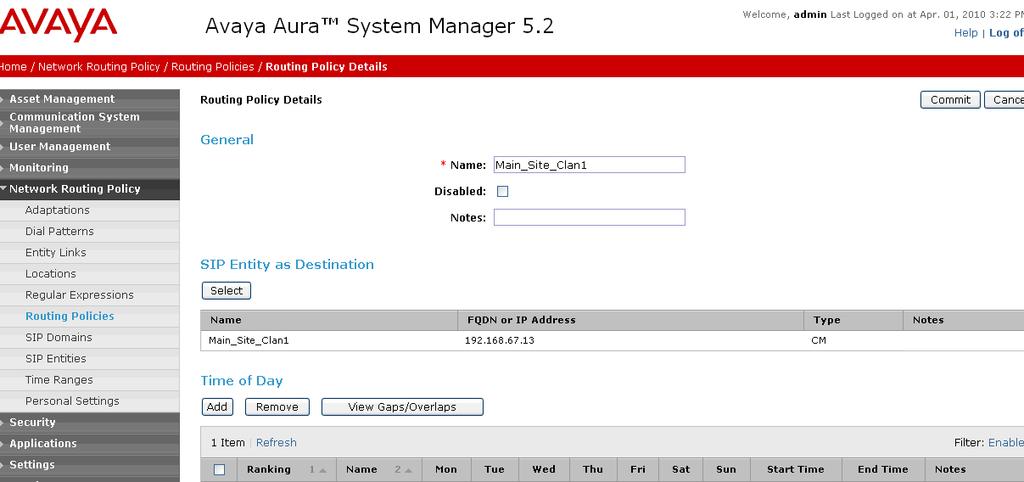 Figure 19: SIP Entity List Page - Routing to Avaya Aura Communication Manager 5.