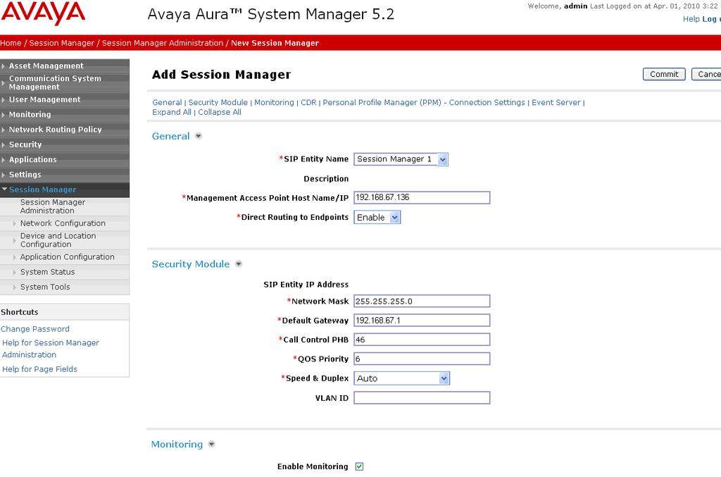 4.11. Avaya Aura TM Session Manager Administration 1. In the left pane under Session Manager, click on Session Manager Administration.