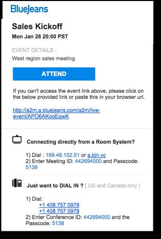 Attendee Joins Join the meeting from the email invite: Click Join button takes you to meeting entry page, where you can choose to enter via computer or room system (see next page).