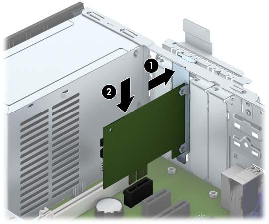 12. To install a new expansion card, hold the card just above the expansion socket on the system board then move the card toward the rear of the chassis (1) so that the bracket on the card is aligned
