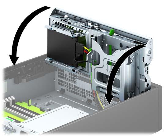11. Rotate the drive cage back down to its normal position. CAUTION: Be careful not to pinch any cables or wires when rotating the drive cage down. 12. Replace the computer access panel. 13.