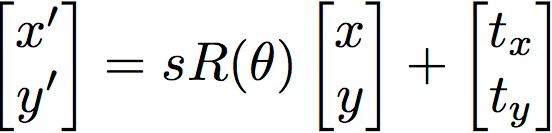 Similarity transformation is specified by four parameters: scale factor s, rotation θ, and translations t x and t y.