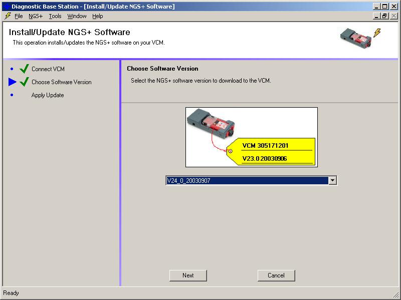 Power up the VCM. Figure 7: Install/Update NGS+ Software - Connect VCM Screen The DBS software will display the VCM files that can be selected for download to the VCM.