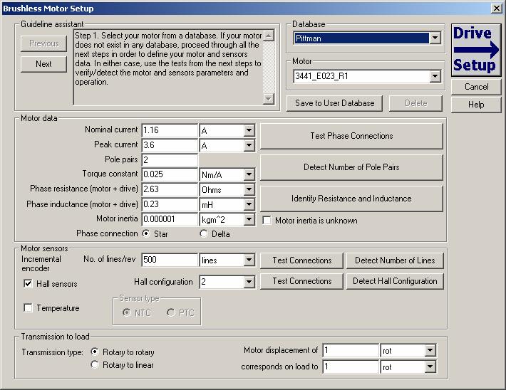 Figure 11. Motor Setup Dialogue Notes: 1. Your motor and sensors data are automatically saved together with your application setup.