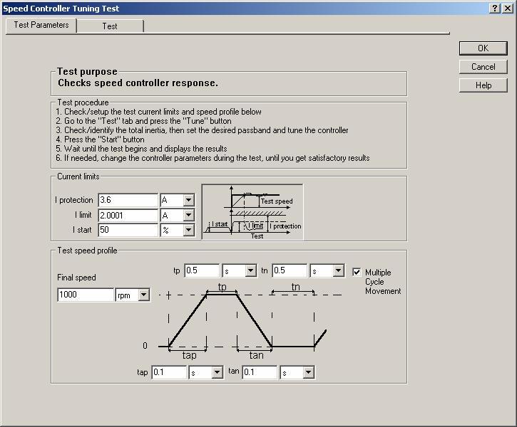 Figure 24 Speed Controller Tuning Test dialogue Test tab Check the speed controller parameters. In the Tuning group box, verify the ratio (load inertia / motor inertia) or the total inertia.