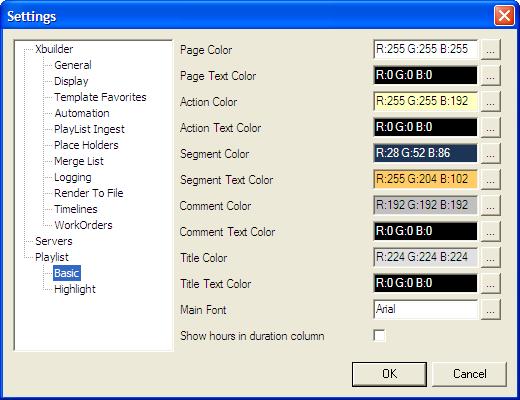Appendix B - Quick reference to Xbuilder s settings Playlist > Basic settings Playlist basic settings determine colors for everything in your playlist -- pages, actions, segments, comments and titles.