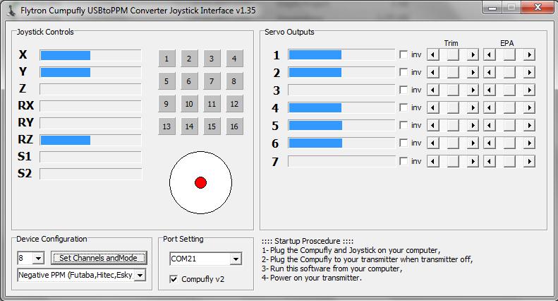 USB2PPM User s Guide Real-time Control Your servos are controlled through the joystick attached to your computer. Other parameters can by checking the appropriate boxes or moving the sliders.