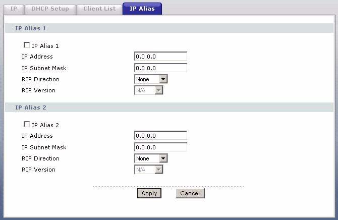 Chapter 5 LAN Setup Figure 39 Physical Network & Partitioned Logical Networks To change your ZyXEL Device s IP alias settings, click Network > LAN > IP Alias. The screen appears as shown.