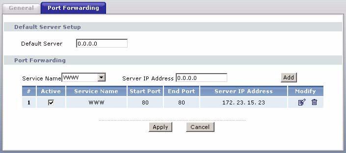 Chapter 6 Network Address Translation (NAT) Screens 6.5 Configuring Port Forwarding The Port Forwarding screen is available only when you select SUA Only in the NAT > General screen.
