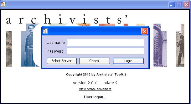 When the Archivists Toolkit starts up and displays the login dialog,