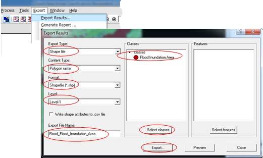 1.10 Export the Flood Inundation Area From dropdown menu, Click on Export and select Export Results then export Results dialog box will open Choose Shapefile / Raster from the Export Type dropdown