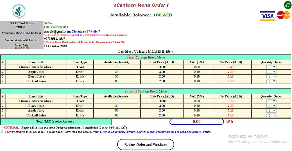 e-canteen Online Order Main Page Details are in the following slide: