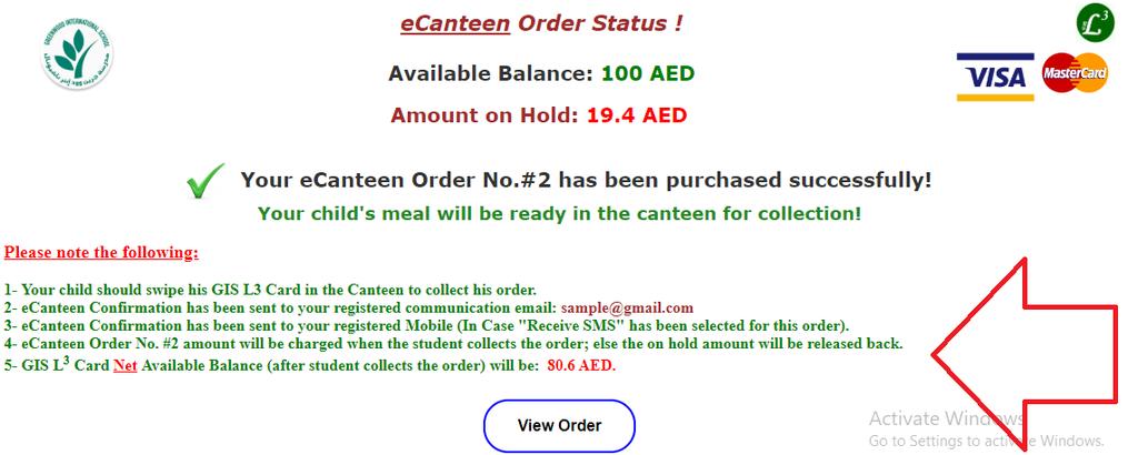 e-canteen Order Status - Confirmation Details are in the following