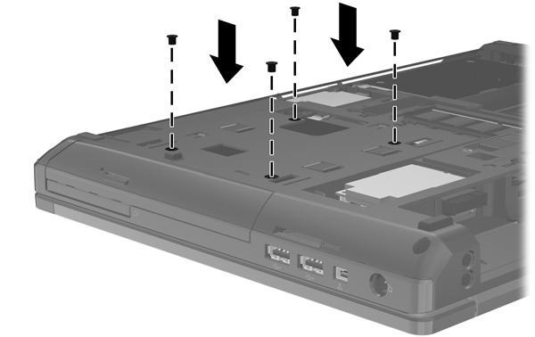 To install a hard drive in the upgrade bay: 1. Insert the hard drive (1) into the upgrade bay, and then tighten the upgrade bay screw (2). 2. Replace the hard drive screws. 3.