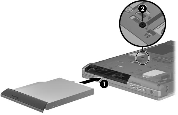 2. Tighten the upgrade bay screw (2). 3. Replace the bottom cover (see Replacing the bottom cover on page 36). 4. Insert the battery (see Inserting or removing the battery on page 33). 5.