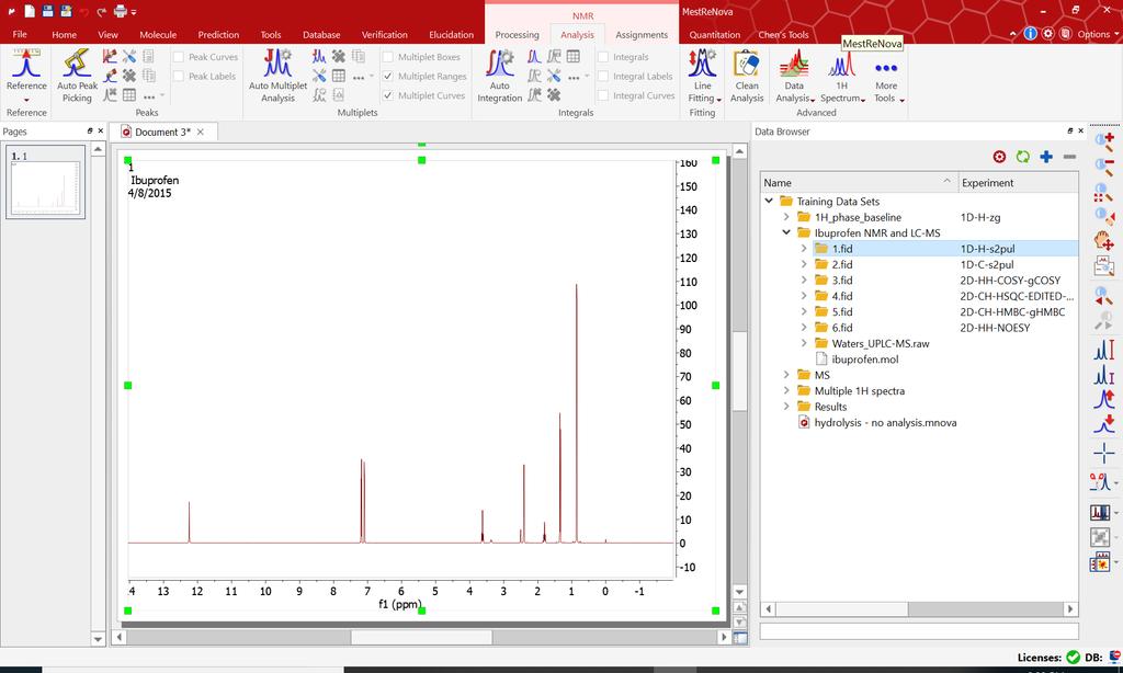 11 PROCESSING Open a H-1 spectrum In Data Browser, expand the folders Training Data Sets > Ibuprofen NMR and LC-MS, and