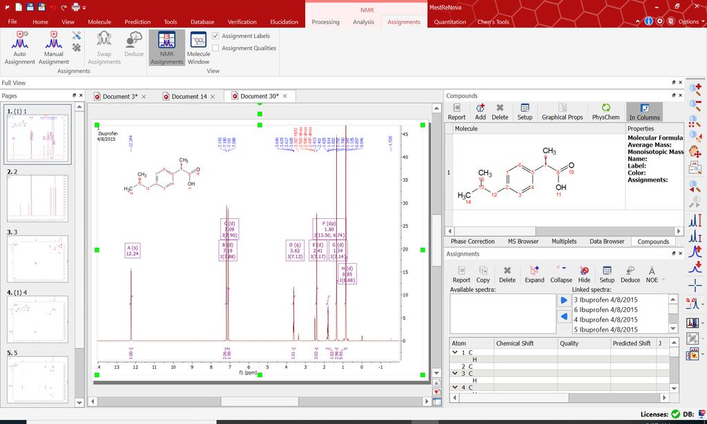 58 ANALYSIS Open the structure for peak assignment Open the Ibuprofen.mol file from the Data Browser. Choose Molecule > Compound Table to show the structure on the side.