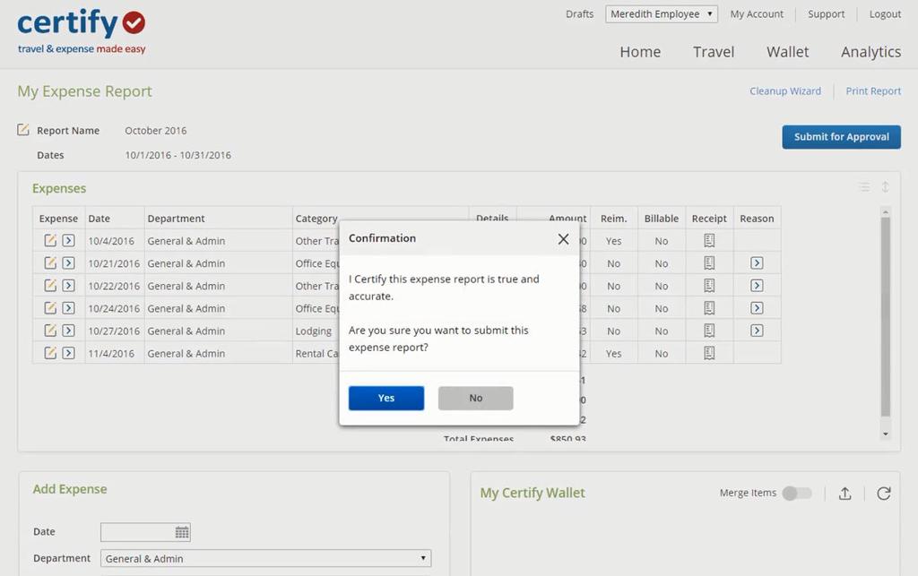 Create and Submit Expense Reports Click Yes to