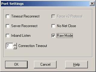 13. Repeat Steps 8-12 for ever FSC with a TCP/IP Interface. 14. Click the Button, The Port Settings dialog box appears. (see Below) Port Settings Dialog Box with Raw Mode Enabled 15.