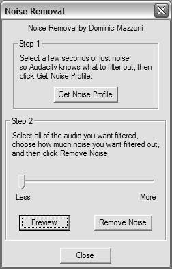 2. Click the Effect menu Noise Reduction. 3. Click Get Noise Profile button. The Noise Removal window will now close automatically. 4.
