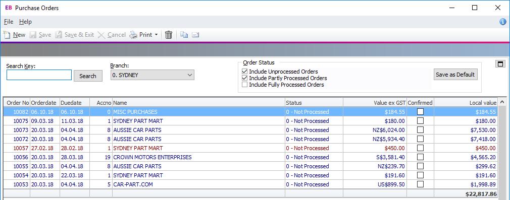 Purchase Order Search Defaults Exo Business 2018.2 The Purchase Orders search window now remembers the Branch setting and uses this as the default the next time the window is opened.