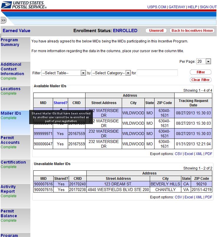 Figure 14: Mailer IDs - User shares some business locations USPS Earned