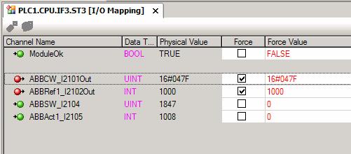 To force values, select the respective check box in the Force column, type the value into the Force Value