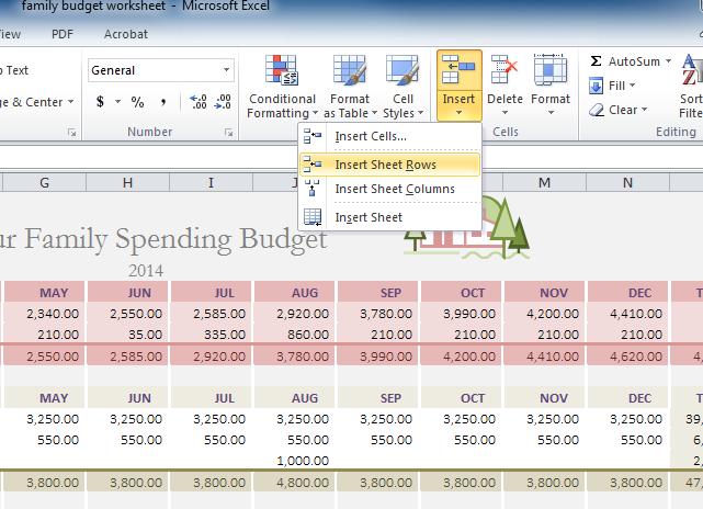 06 3 4 If you need a line for an added expenses, click on the heading in column B where the new row should go and, from the Home tab on the