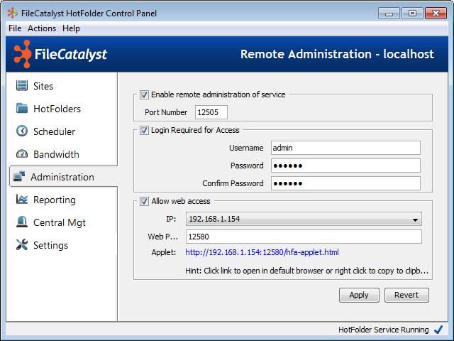 7.1 Enable Features Remote administration options are availalable from the Administration area: 1 Enable the ability and specify a port to use for the connection.