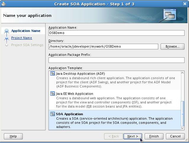 27. In the Create SOA Application Step 2 of 3 dialog specify the following Project Name: DBArtifacts Directory: