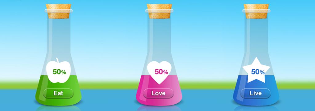 Eat Healthier, the green flask Love Better, the pink flask Live Better, the blue flask You can fill this with your meal data by syncing HAPfork or adding your meals through the Online Dashboard or by