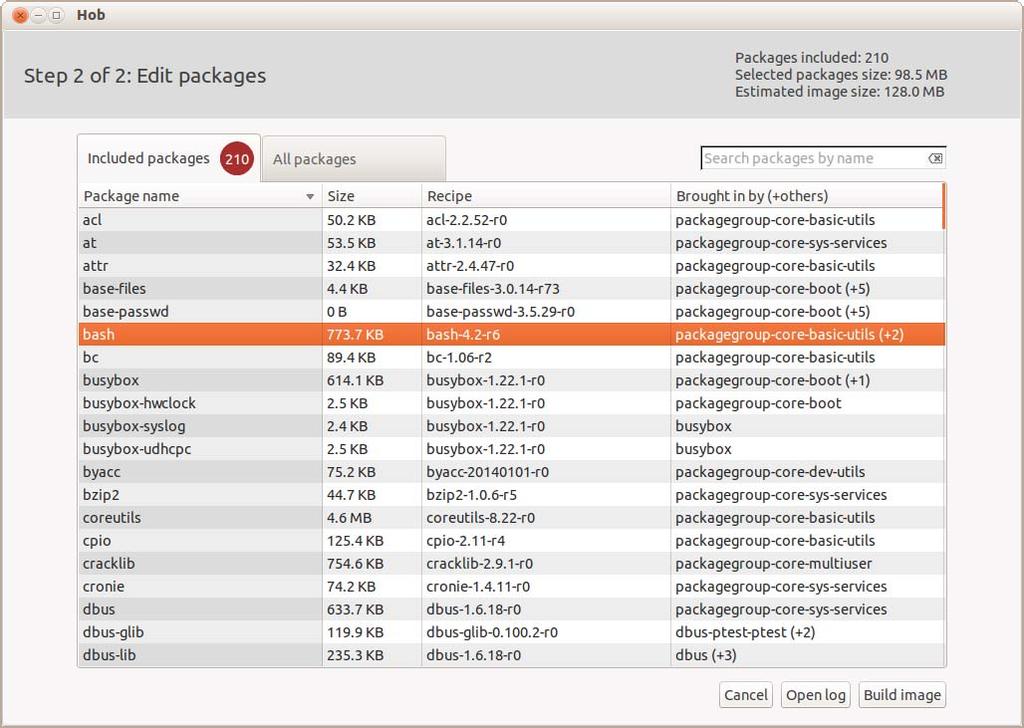Using Hob to Bake an Image From the tabs, we can see the number of selected packages, the list of available packages, and how the selected packages are grouped, as shown in the following screenshot: