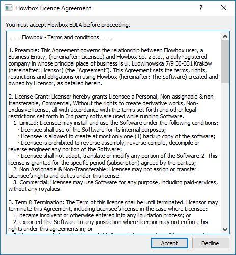 7. Please read and accept the EULA. Then click Accept to run Flowbox. 8.