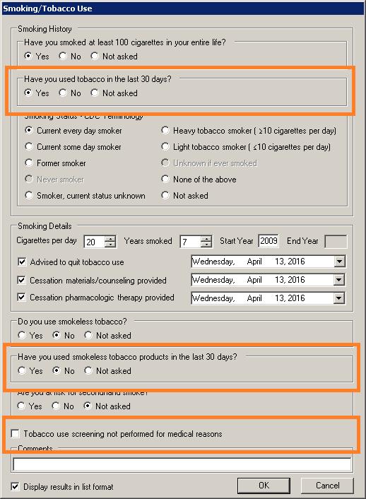 Added Features (continued) The Note Tab Smoking History The Smoking/Tobacco Use dialog has been updated with three new options to allow you to easily capture all of the smoking/tobacco use data
