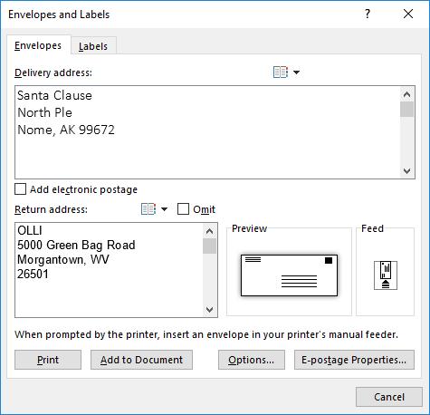 Envelopes Word allows you to print the delivery address and return address on an envelope. If you want to print multiple envelopes at one time, please see the Mail Merge documentation.