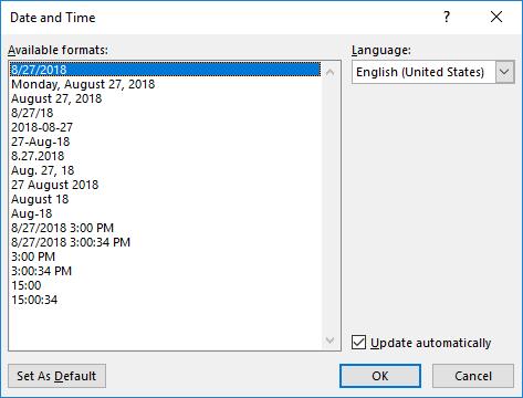 Updating Date and Time Word provides an option that allows you to automatically update the date and/or time every time you save a document. Adding a Date/Time Stamp 1. Select the Insert tab. 2.