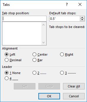 Tabs Tabs are used to offset text. Pressing the tab key automatically moves the cursor to the next 1/2 inch measurement in the document.