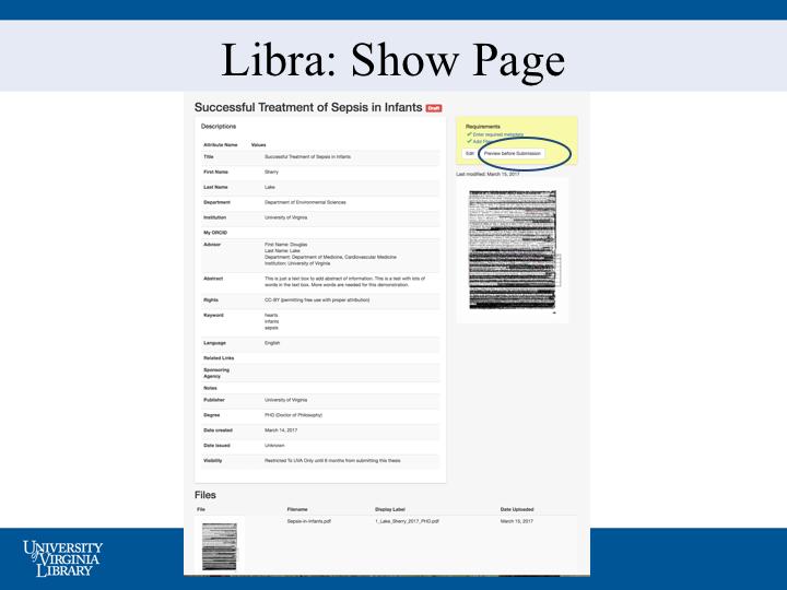 The Show page allows students to review their information. Depending on the size of the PDF, the page may need to be refreshed to see that the file has successfully been uploaded.