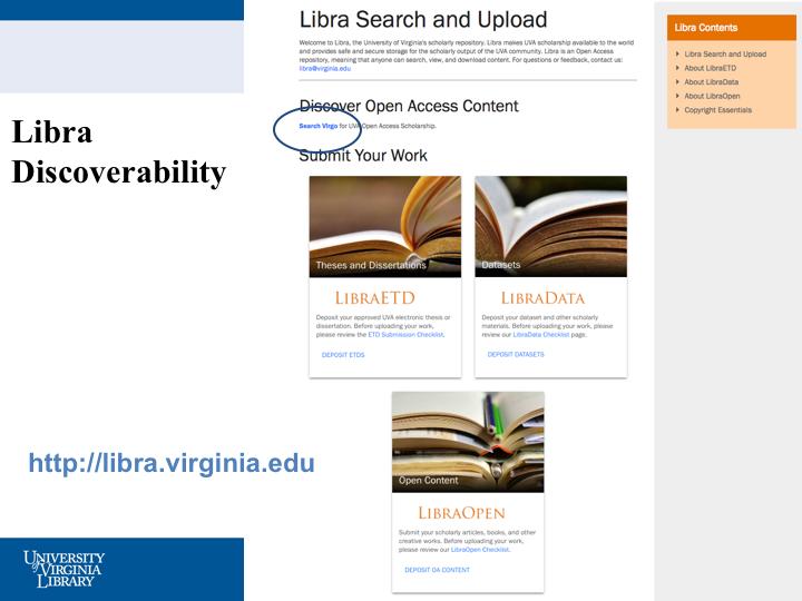 24 hours after submission, theses will be discoverable in VIRGO, UVA Library s online catalog. One way to check this is to go to the Libra Information page at http://libra.