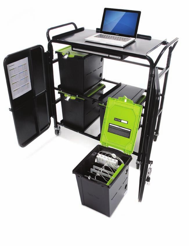 Tech Tub Cart with 4 Premium Tech Tubs External cable management Laptop tray and Apple TV compartment This unique cart holds 4